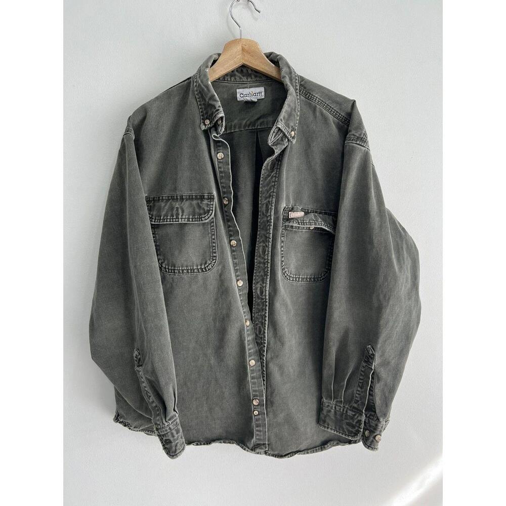 Vintage Carhartt Button Up Shirt Olive green sun faded